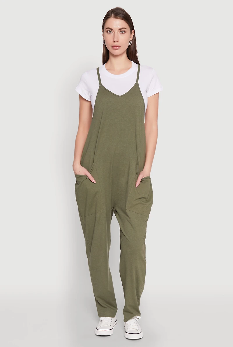 Womens Cargo Pocket V Neck Jumpsuit, Green, Size M