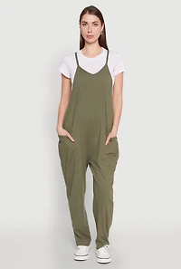 Womens Cargo Pocket V Neck Jumpsuit, Green, Size M