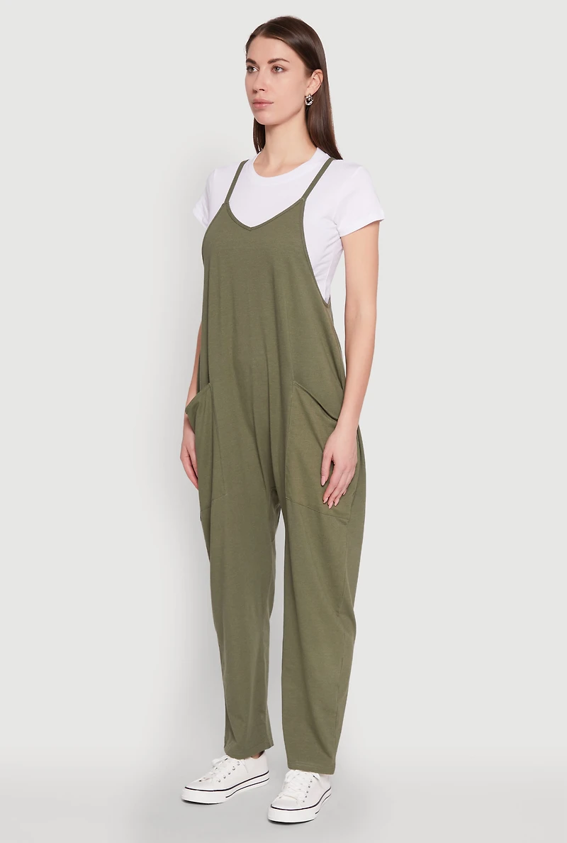 Womens Cargo Pocket V Neck Jumpsuit, Green, Size M