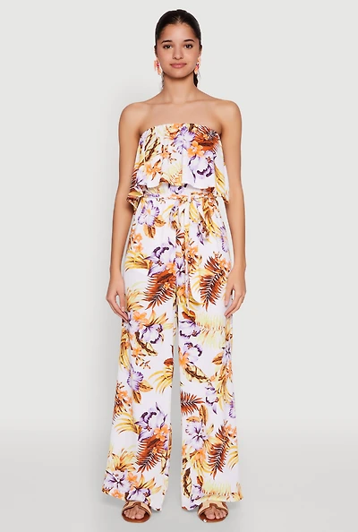 Womens Floral Tie Waist Belted Strapless Overlay Jumpsuit, Multi, Size L