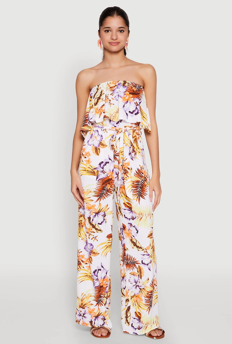 Floral Tie Waist Belted Strapless Overlay Jumpsuit