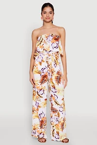 Floral Tie Waist Belted Strapless Overlay Jumpsuit