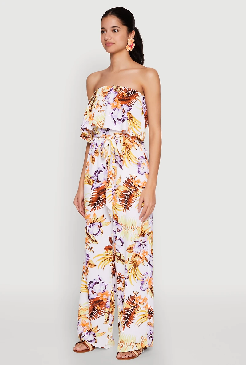 Womens Floral Tie Waist Belted Strapless Overlay Jumpsuit, Multi,