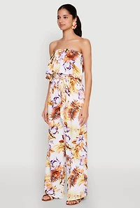 Womens Floral Tie Waist Belted Strapless Overlay Jumpsuit, Multi,