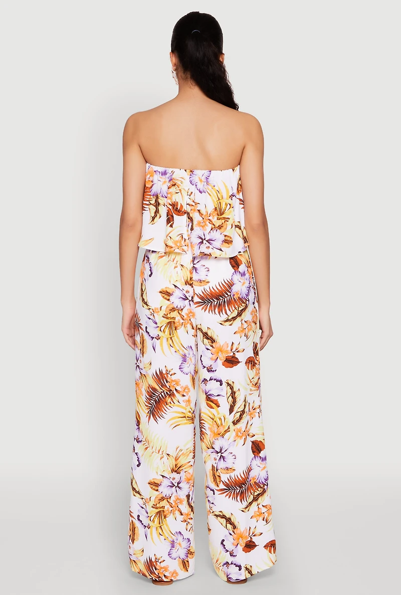 Floral Tie Waist Belted Strapless Overlay Jumpsuit