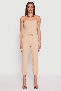 Womens Drawstring Waist Strapless Jumpsuit, M