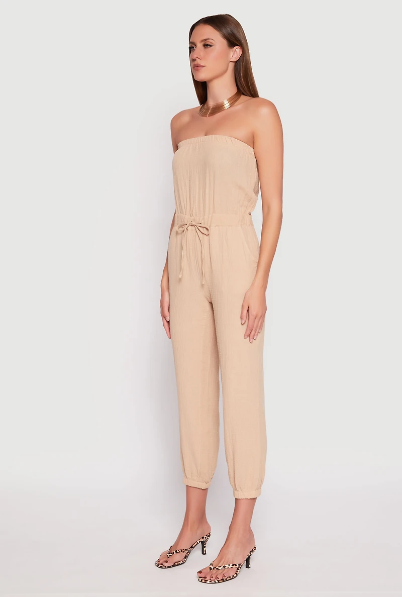 Womens Drawstring Waist Strapless Jumpsuit, Beige,