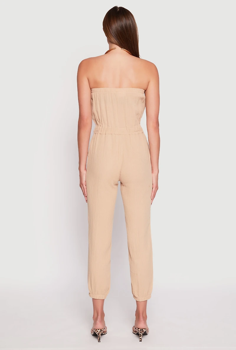 Womens Drawstring Waist Strapless Jumpsuit, M