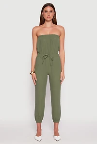 Womens Drawstring Waist Strapless Jumpsuit, Green, Size M