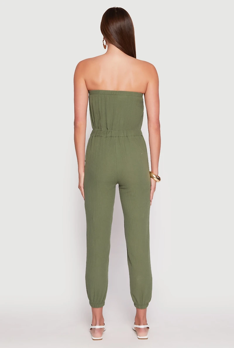 Womens Drawstring Waist Strapless Jumpsuit, Green, Size M