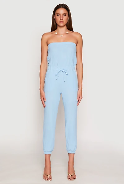 Womens Drawstring Waist Strapless Jumpsuit, Blue, Size S