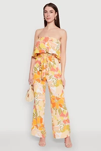 Floral Print Strapless Overlay Jumpsuit