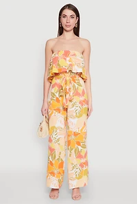 Womens Floral Print Strapless Overlay Jumpsuit, Multi, Size M