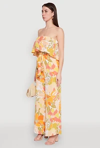 Womens Floral Print Strapless Overlay Jumpsuit, Multi, Size M