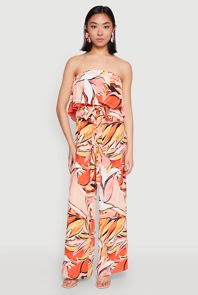 Womens Printed Strapless Jumpsuit, Orange, Size L