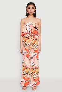 Womens Printed Strapless Jumpsuit, Orange, Size S