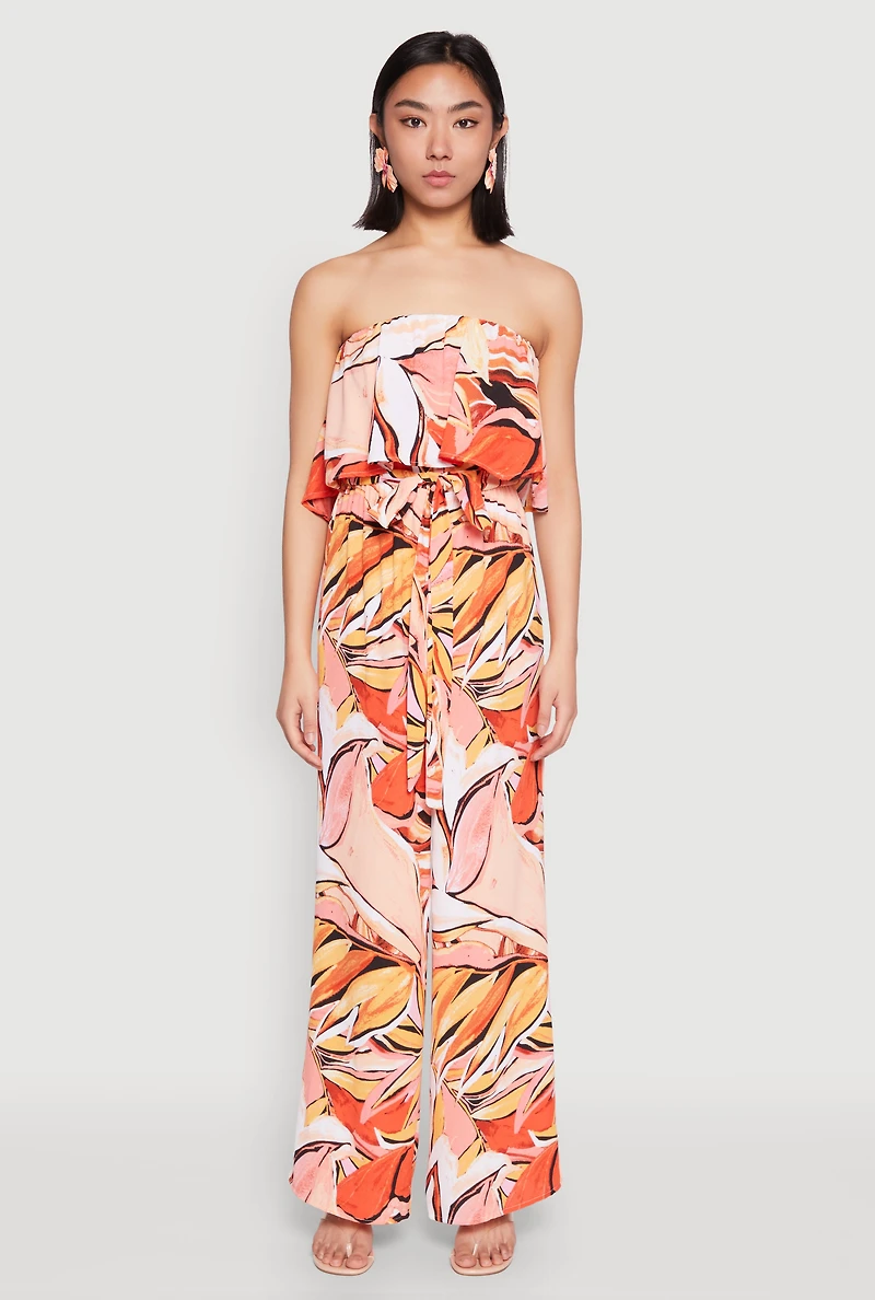 Womens Printed Strapless Jumpsuit, Orange, Size M