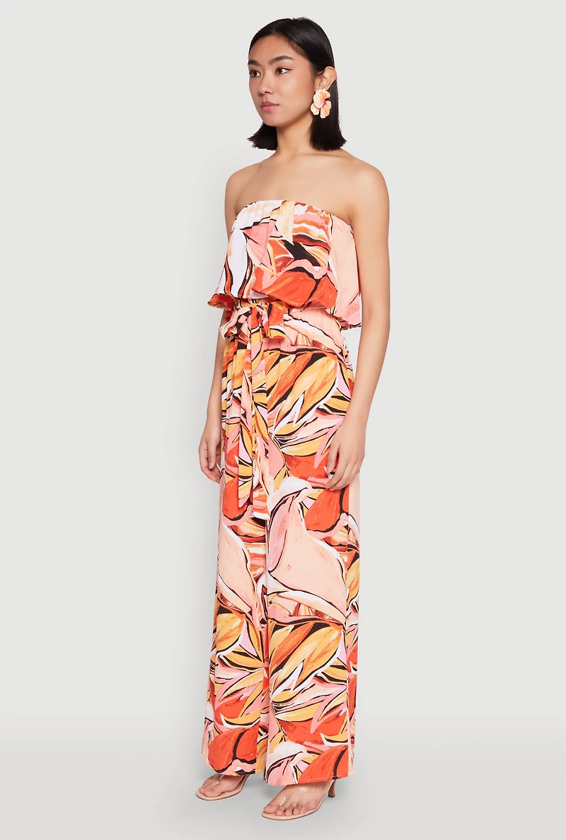 Womens Printed Strapless Jumpsuit, Orange, Size M