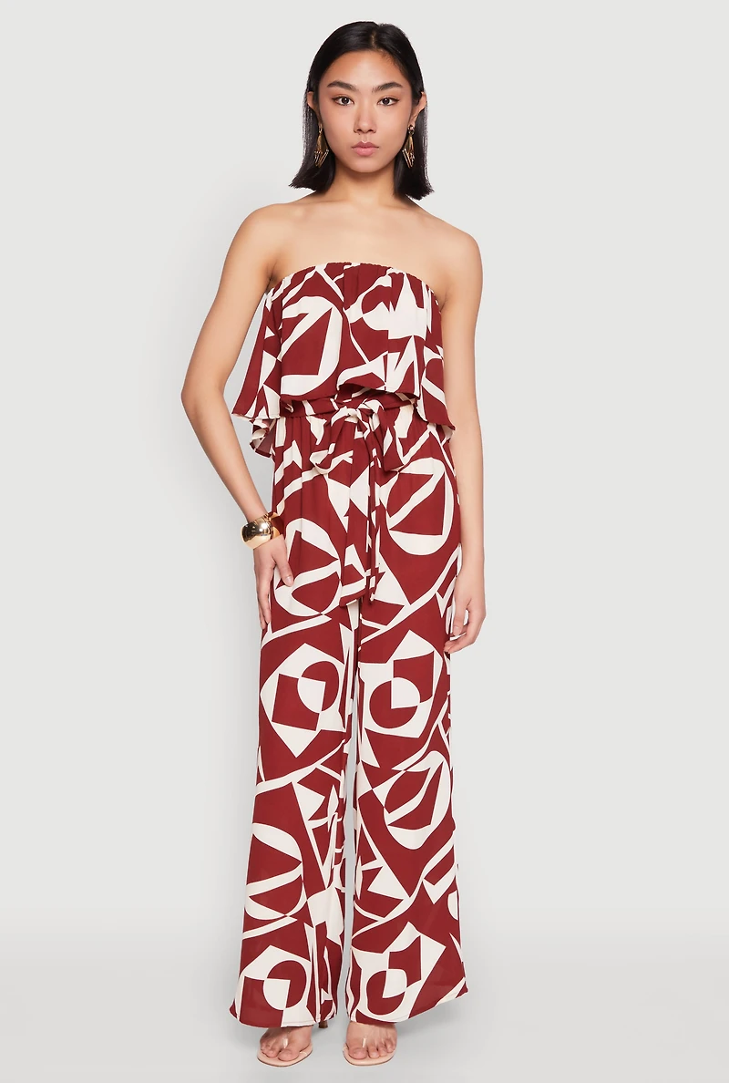 Womens Printed Tie Waist Belted Strapless Overlay Jumpsuit, Brown, Size M