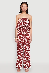 Womens Printed Tie Waist Belted Strapless Overlay Jumpsuit, Brown, Size M