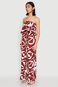 Womens Printed Tie Waist Belted Strapless Overlay Jumpsuit, Brown, Size M