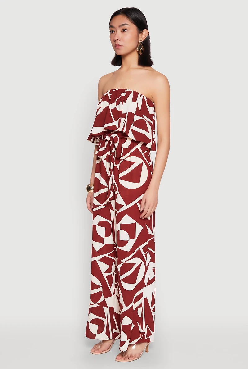 Womens Printed Tie Waist Belted Strapless Overlay Jumpsuit, Brown, Size S