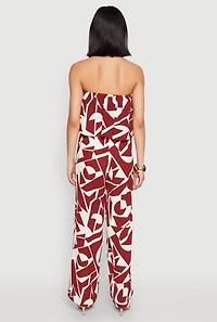 Womens Printed Tie Waist Belted Strapless Overlay Jumpsuit, Brown, Size M