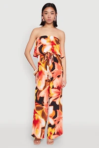 Abstract Floral Print Strapless Jumpsuit