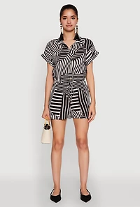 Womens Patterned Button Front Romper, Black, Size L