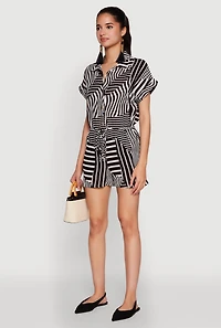 Womens Patterned Button Front Romper, Black, Size S