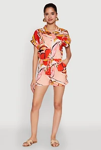 Womens Patterned Button Front Romper, Multi, Size M
