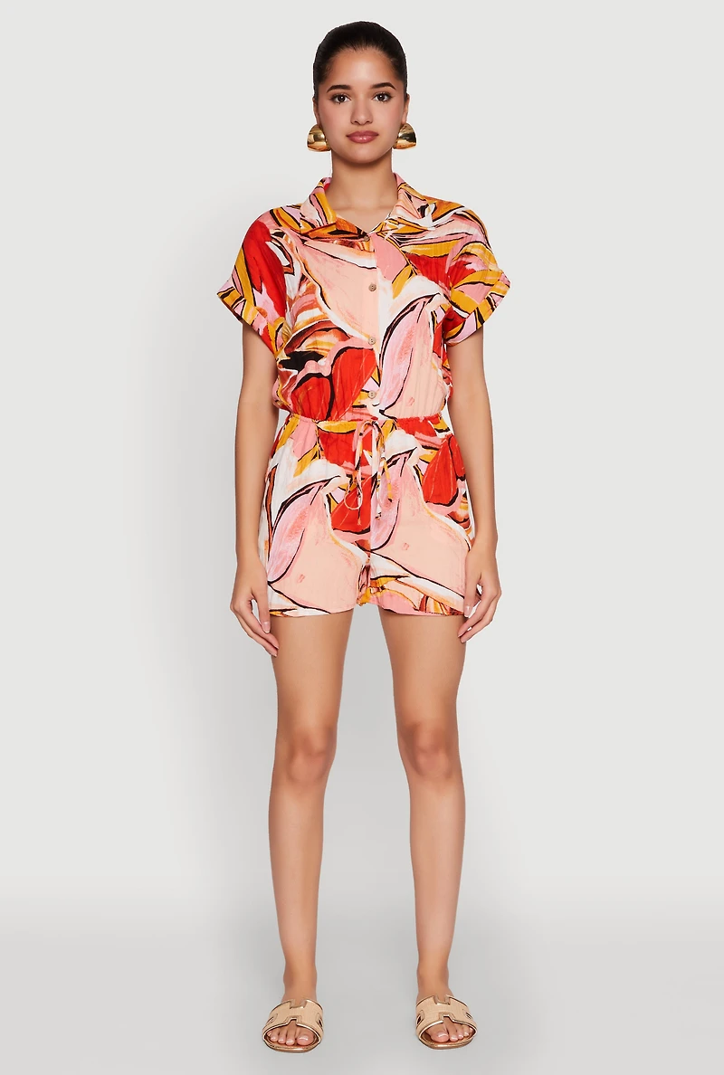 Womens Patterned Button Front Romper, Multi, Size M