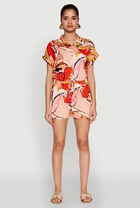 Womens Patterned Button Front Romper, Multi, Size M