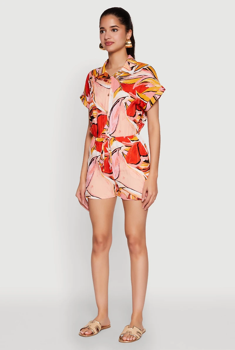 Womens Patterned Button Front Romper, Multi, Size M