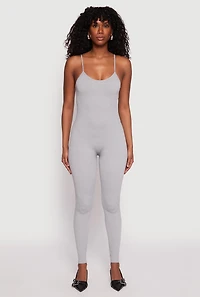 Womens Seamless Ribbed Knit Cami Catsuit, Grey, Size L