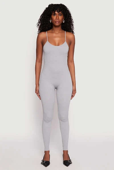 Womens Seamless Ribbed Knit Cami Catsuit, Grey, Size M
