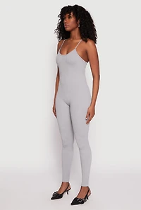 Womens Seamless Ribbed Knit Cami Catsuit, Grey, Size L