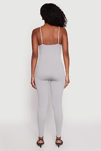 Womens Seamless Ribbed Knit Cami Catsuit, Grey, Size L