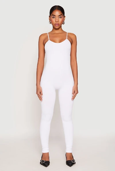 Womens Seamless Ribbed Knit Cami Catsuit, White, Size S