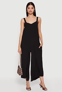 Sleeveless V Neck Crepe Knit Wide Leg Jumpsuit