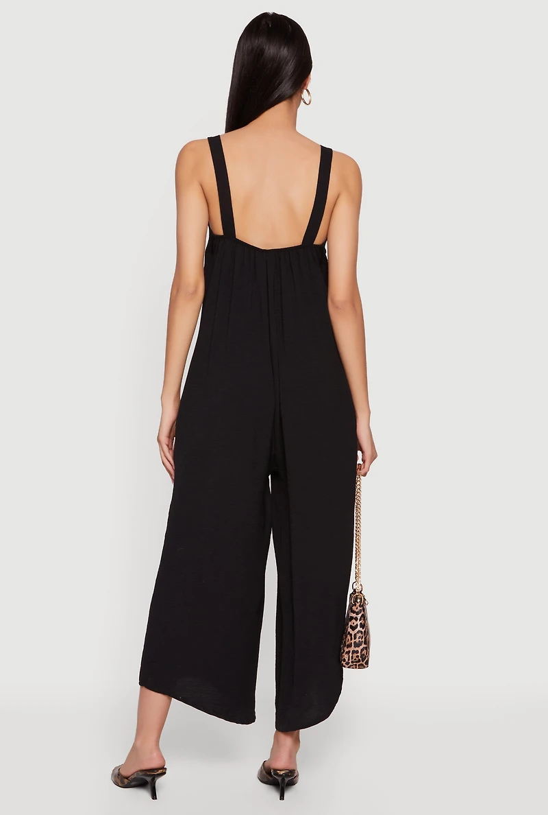 Sleeveless V Neck Crepe Knit Wide Leg Jumpsuit