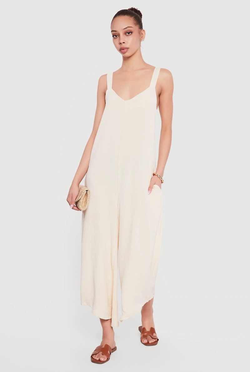 Sleeveless V Neck Crepe Knit Wide Leg Jumpsuit