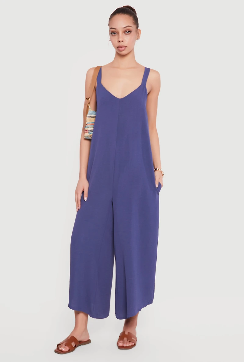 Sleeveless V Neck Crepe Knit Wide Leg Jumpsuit