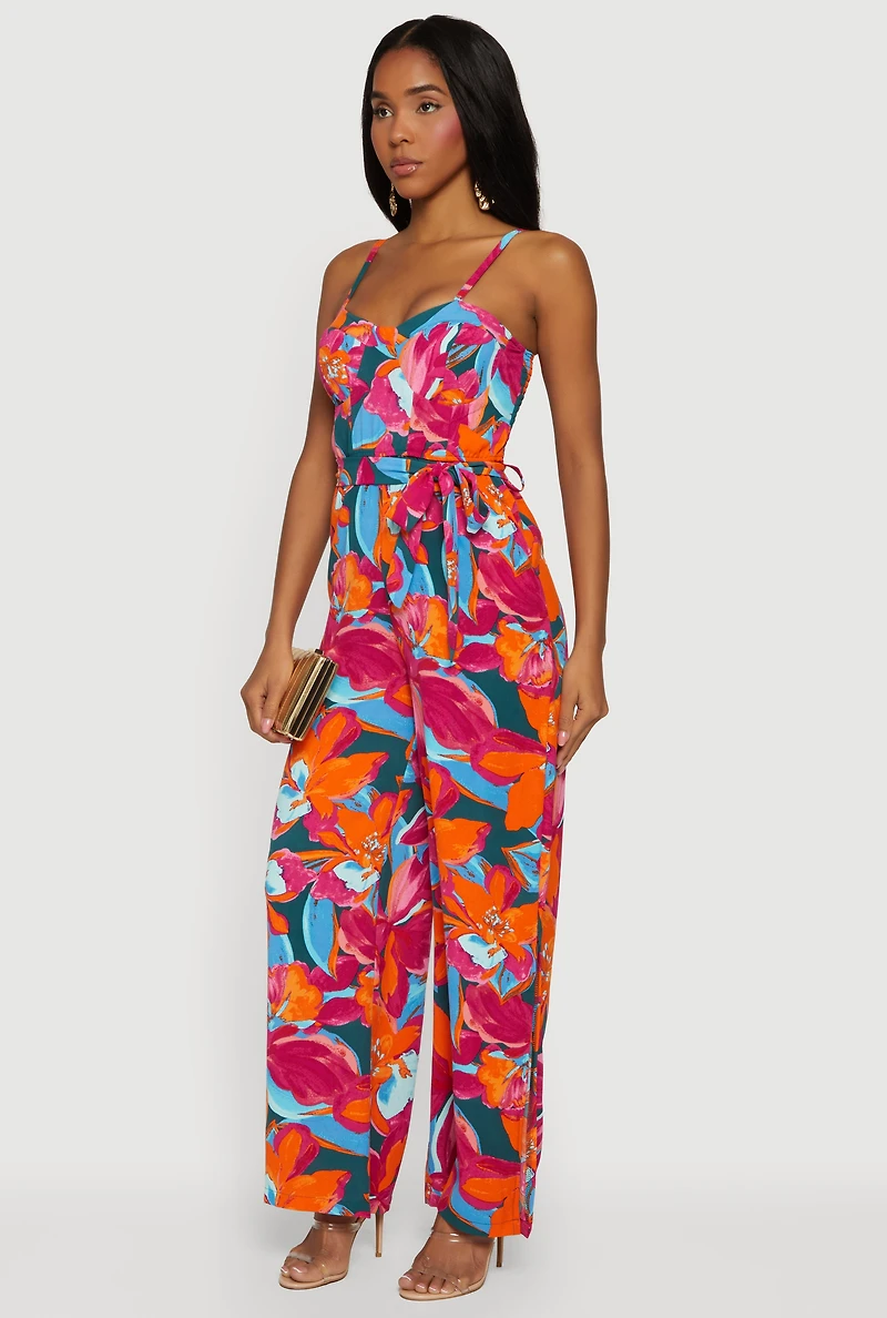 Crepe Knit Patterned Jumpsuit with Tie Waist Belt