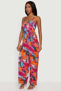 Crepe Knit Patterned Jumpsuit with Tie Waist Belt