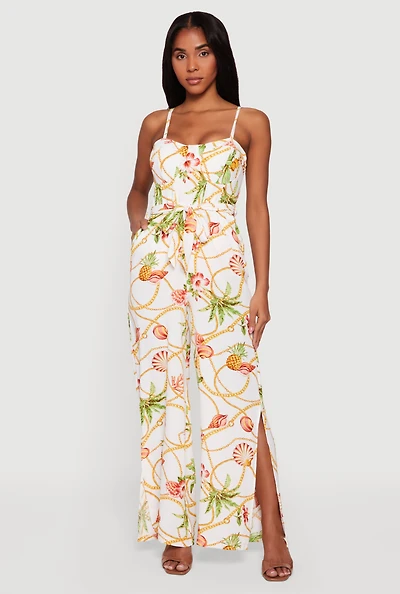 Crepe Knit Patterned Jumpsuit with Tie Waist Belt