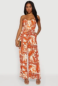 Crepe Knit Patterned Jumpsuit with Tie Waist Belt