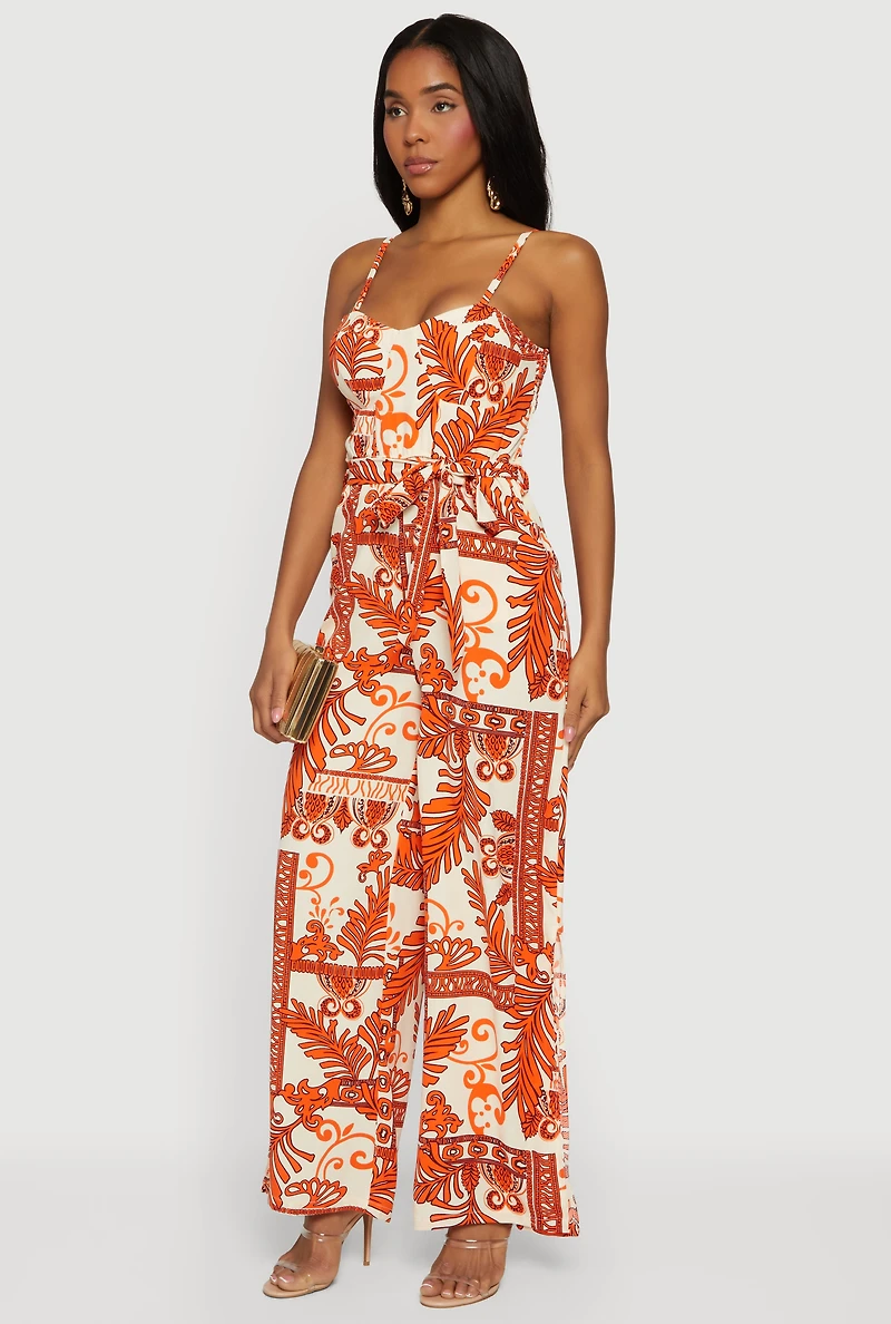 Crepe Knit Patterned Jumpsuit with Tie Waist Belt