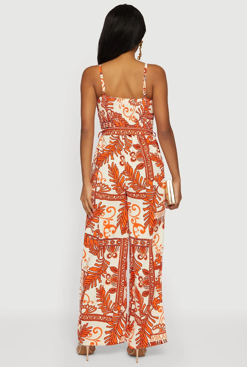 Crepe Knit Patterned Jumpsuit with Tie Waist Belt