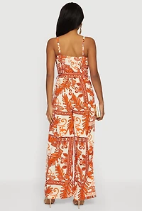 Crepe Knit Patterned Jumpsuit with Tie Waist Belt